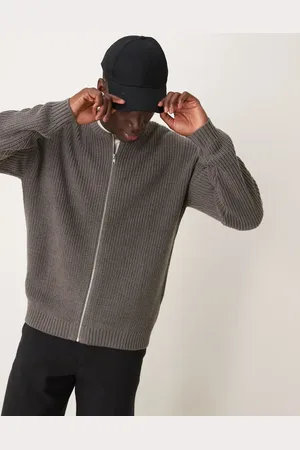 ASOS Knitted relaxed fisherman rib zip up bomber in marl