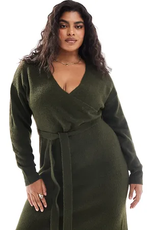 Yours Exclusive v-neck wrap knitted midi dress in khaki