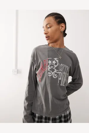 Weekday Oversized long sleeve t-shirt with cut and sew varsity graphic print in washed