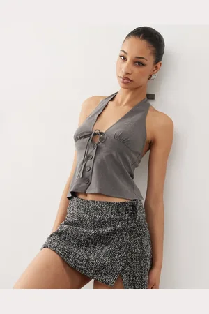 Motel Miyuki tie front halterneck top in charcoal