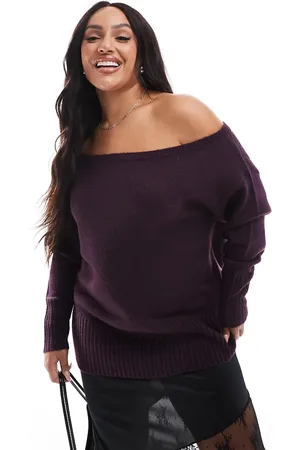Yours Off shoulder bardot jumper in burgundy