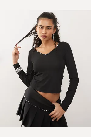 Reclaimed V neck ribbed top with studs co-ord in