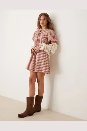Glamorous Smock dress with puff sleeves and tie front in check