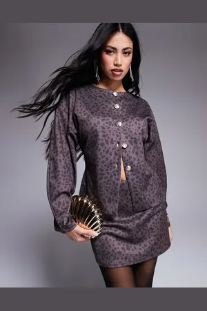 ASOS Co-ord balloon sleeve structured button through top in plum animal print