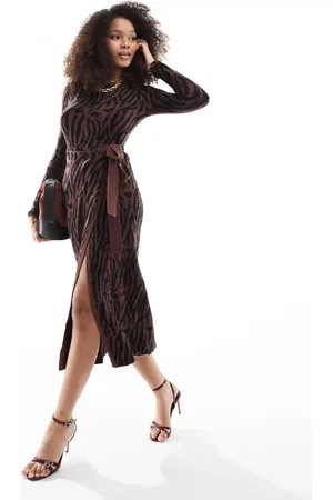 Style Cheat Knit wrap midi dress in black and brown animal print