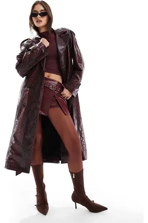 Bershka Bersha snakeskin faux leather trench in burgundy