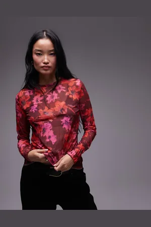 Topshop Floral print crinkle mesh long sleeve top in burgundy