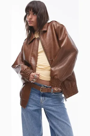 Topshop Faux leather oversized bomber jacket in tan