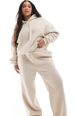 ASOS ASOS DESIGN Curve lounge borg cropped hoodie & wide leg set in cream