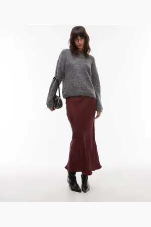 Topshop Satin bias midi skirt in burgundy