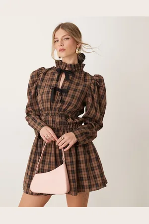 Ghospell Check print mini dress in tan and check