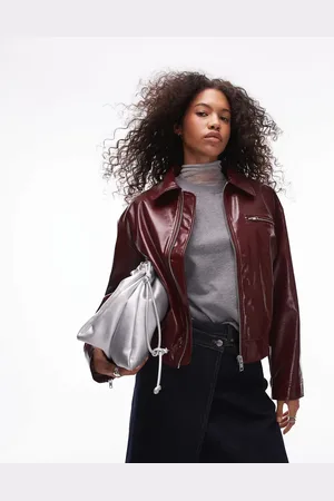 Topshop Faux leather vinyl bomber jacket in burgundy