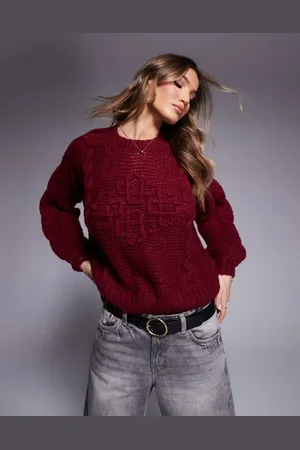 The Couture Club Oversized plaited emblem logo knitted jumper in burgundy