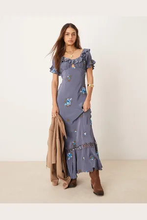 Free People Floral embroidered puff sleeve maxi dress in indigo