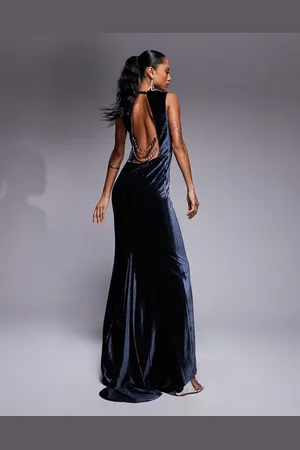 ASOS Premium high neck crushed velvet maxi dress with oversized diamante trim back detail in charcoal