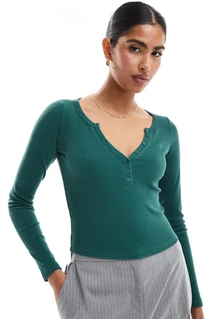 Hollister Ribbed button detail plunge neck top in