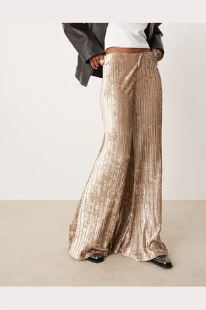 Free People Crinkle velvet pleated wide leg trousers in cream