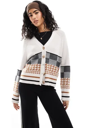 Object Intarsia knit boxy cardigan in abstract oatmeal