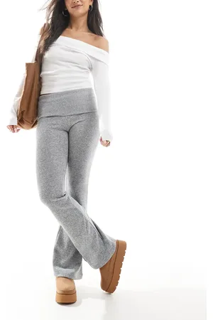 Bershka Fold over waistband soft touch flared trousers in