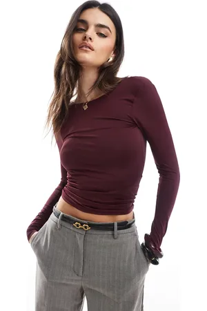 Pull&Bear Long sleeve backless detail polyamide top in burgundy