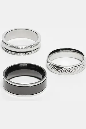 ASOS 3 pack waterproof stainless steel band ring set with texture in black and tone
