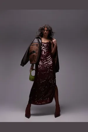 Topshop Premium sequin slip maxi dress in oxblood