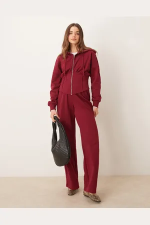 ASOS V front waistband wide leg jogger in burgundy