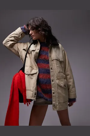 Topshop Denim barn jacket with cord collar in beige