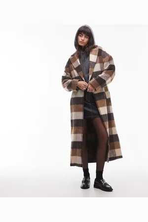 Topshop Longline belted wool look coat in check
