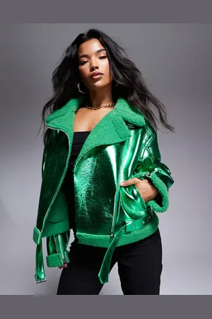 Amy Lynn Aviator jacket in metallic emerald