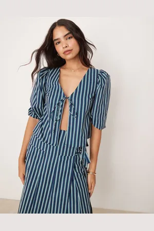 Glamorous Volume sleeve blouse with tie front in green stripe co-ord