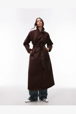 Topshop Faux suede oversized trench coat in chocolate