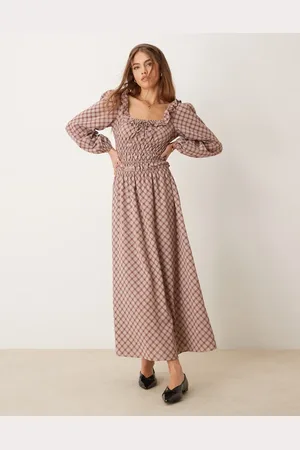 Glamorous Tie front square neck volume sleeve maxi dress with shirring and bow in check