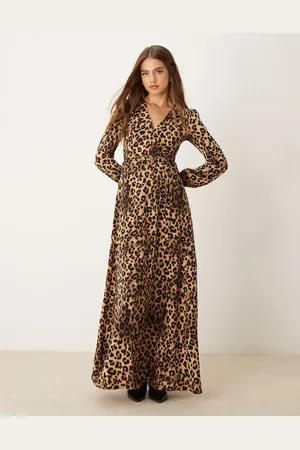 Glamorous V neck wrap style long sleeve maxi dress in leopard print