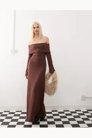 COLLUSION Fold over bardot maxi dress in chocolate rib