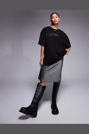 Liquor N Poker 2 in 1 t-shirt dress with rhinestone midi skirt in charcoal