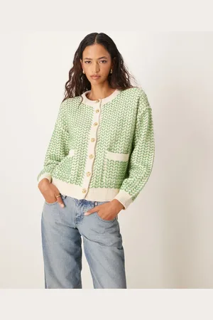 Y.A.S Button down knitted cardigan in birch with green detail