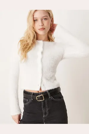 Gina Tricot Fluffy knit fitted cardigan with crew neck and button front in off