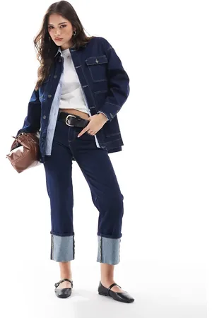 Stradivarius Turn up leg straight jean in indigo co-ord