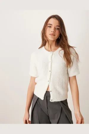 Gina Tricot Supersoft textured knit short sleeve cardigan in off