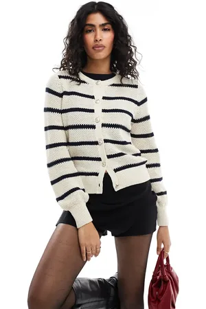 VERO MODA Cotton knit striped cardigan in cream