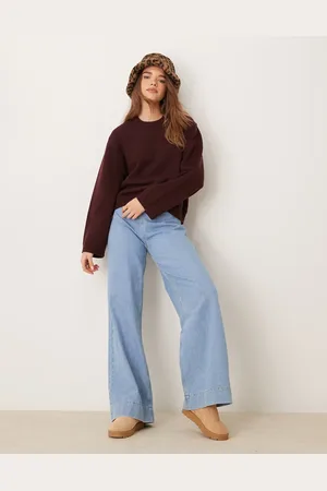 Gina Tricot Crew neck knitted sweater with wide sleeves in dark wine burgundy