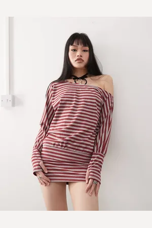 Motel Zylina slouchy stripe mini dress in burgundy grey