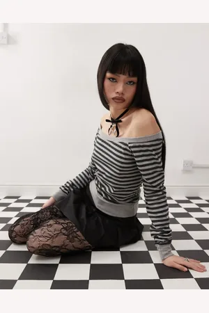 Motel Yacin slouchy stripe long sleeve top in grey