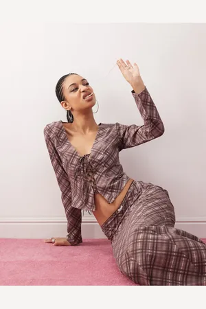 Daisy Street Crop tie front top in burgundy check co-ord