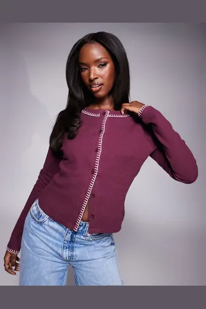 ASOS Waffle long sleeve top with blanket stitch detail in burgundy