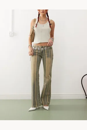Edikted 70s eternity pinstripe flare jeans in sand wash