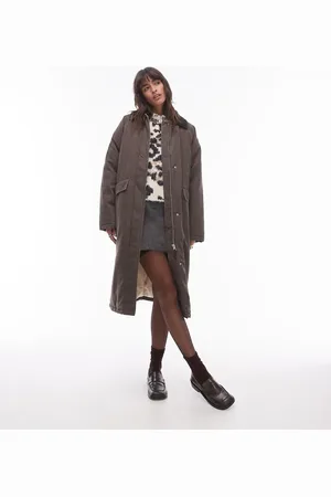 Topshop Longline cotton padded jacket with cord collar in brown