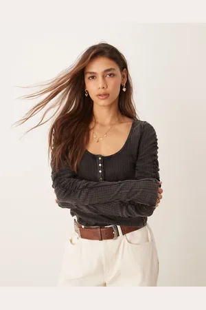 Free People Ruched sleeve pointelle henley top in washed