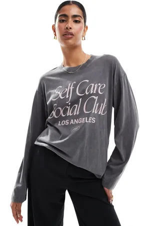 Hollister Long sleeve oversized dad slogan t shirt in acid wash